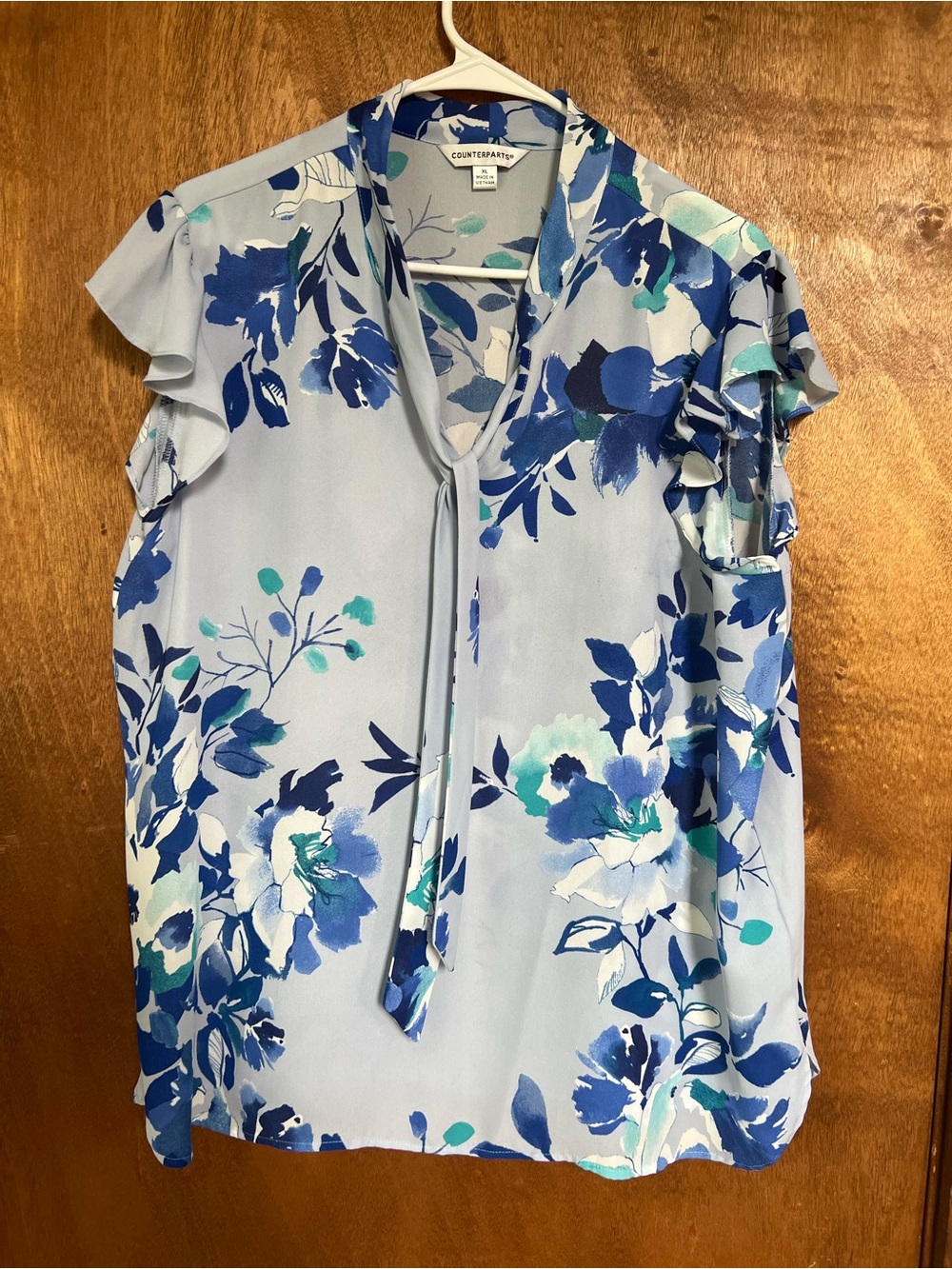 Counterparts Pale Blue Floral Tie-Neck Ruffle Sleeve Blouse